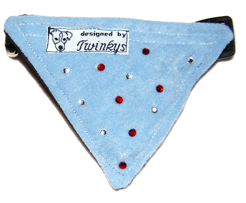 Hunde Halstuch / Halsband XS Babyblau Mikrofaser mit roten und klaren Strass Steinen